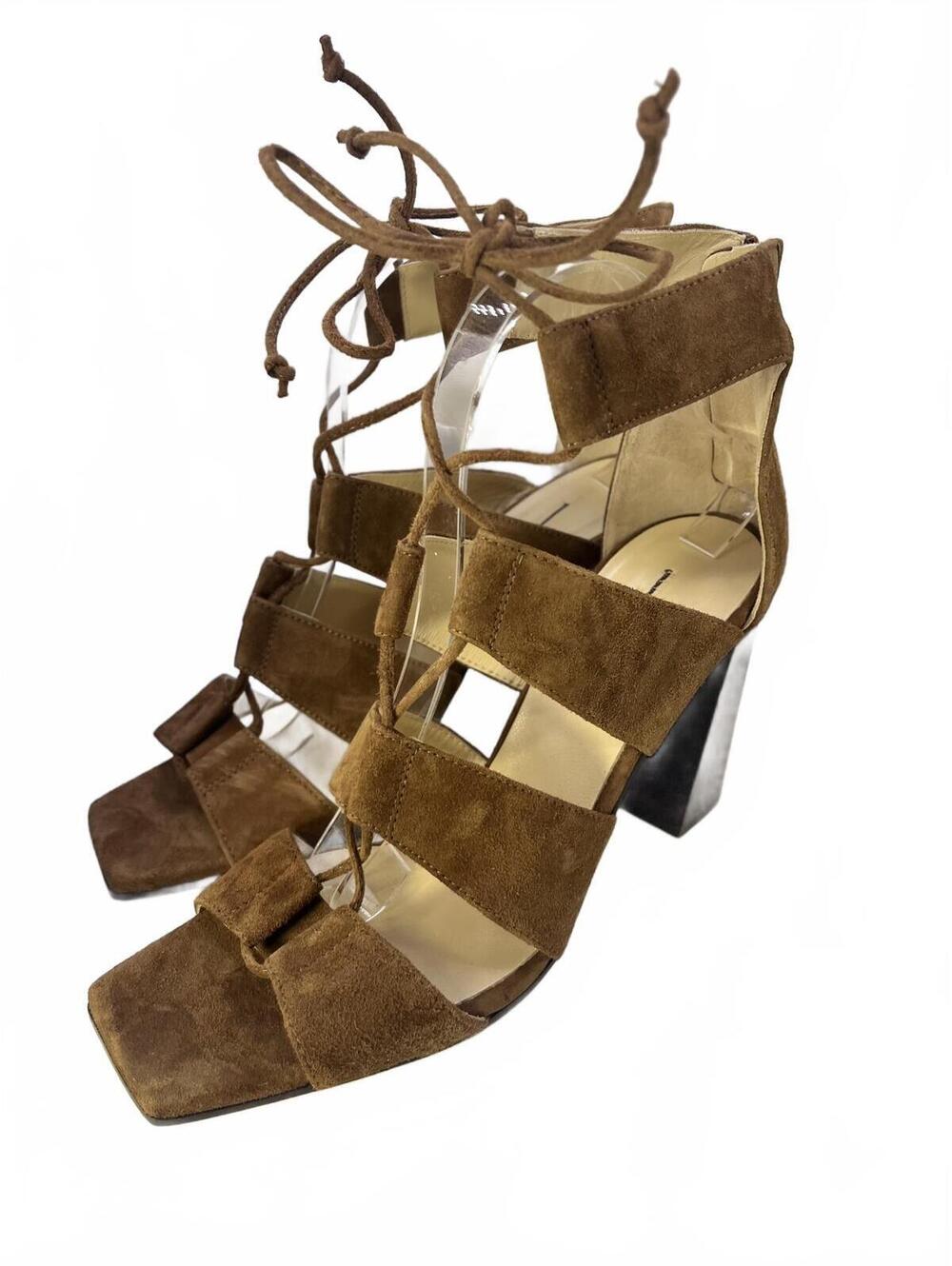 Size 9.5 Suede Lace-Up Heels Banana Republic Brown Chunky Block High Heel Sandal